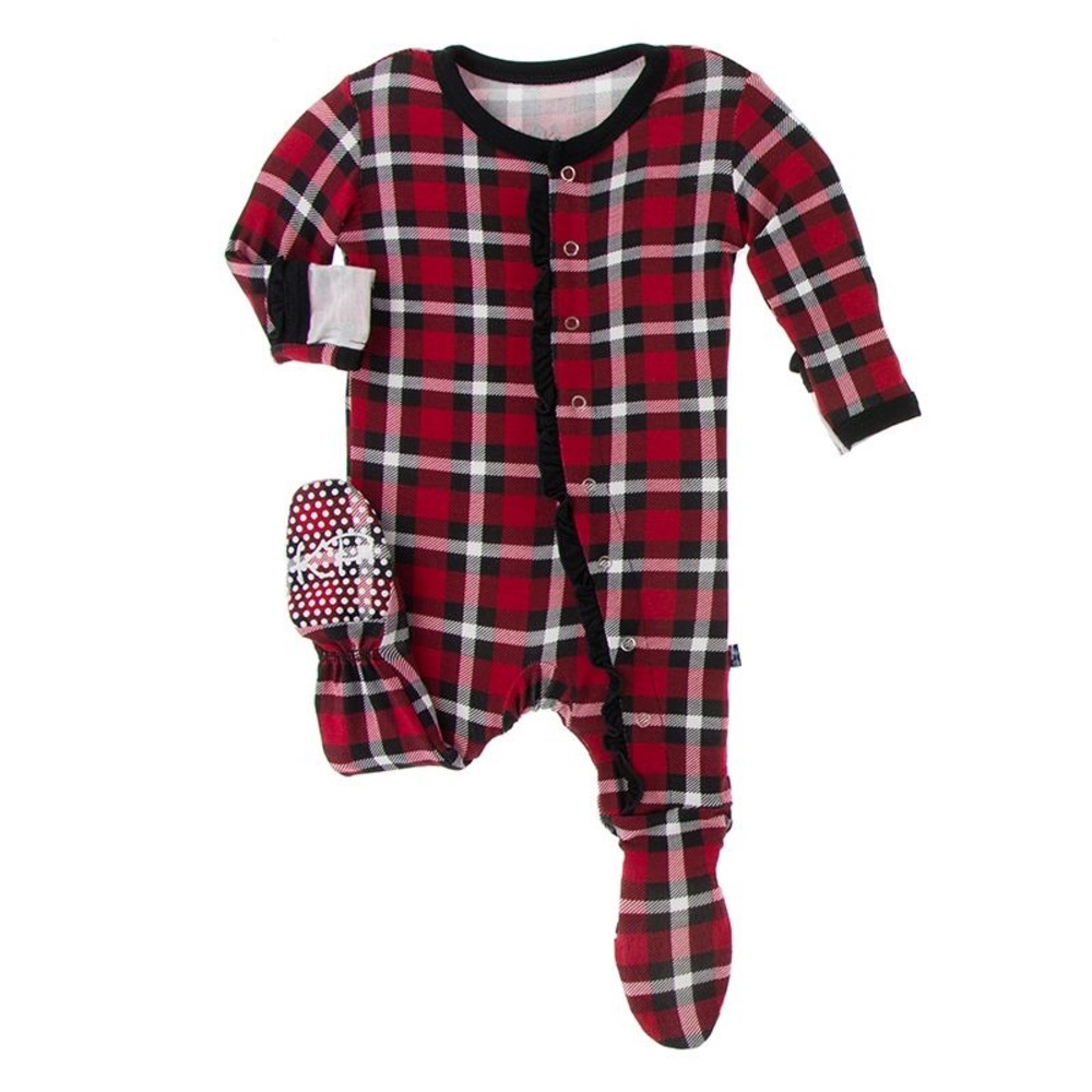 NWT Boys Kickee Pants Crimson Plaid Printed Zippered Footie 3-6 months